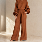 Damen Anzugset Lina – Bluse mit Blüten & Hose, Leinen-Mix