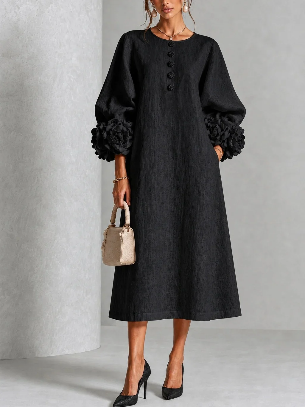 Vestido Midi para Mujer de Chambray Denim con Rosetas 3D