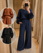 Damen Anzugset Lina – Bluse mit Blüten & Hose, Leinen-Mix