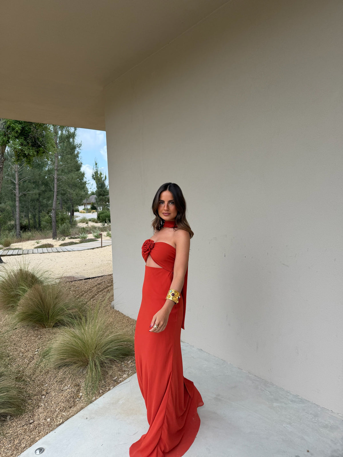 Damen Kleid Lena – Floral, Terracotta, Boho mit Tuch
