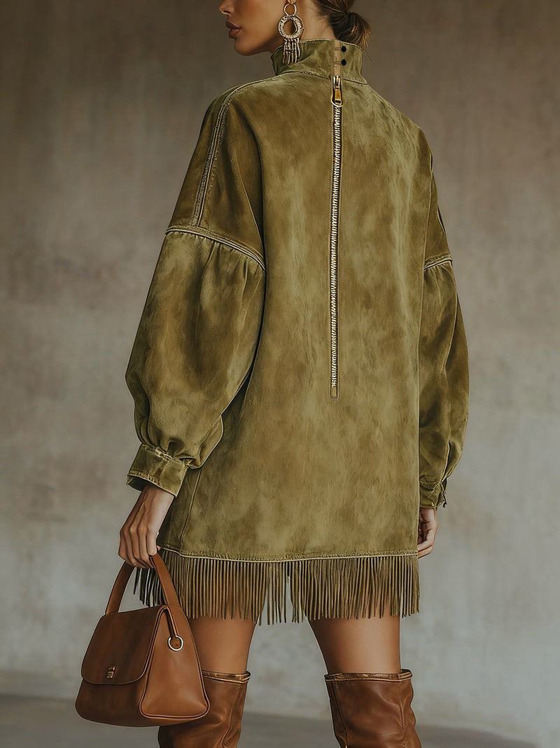 Damen Kleid Nina – Hochkragen, Kunstwildleder, Fransen