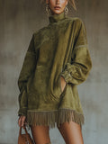 Damen Kleid Nina – Hochkragen, Kunstwildleder, Fransen