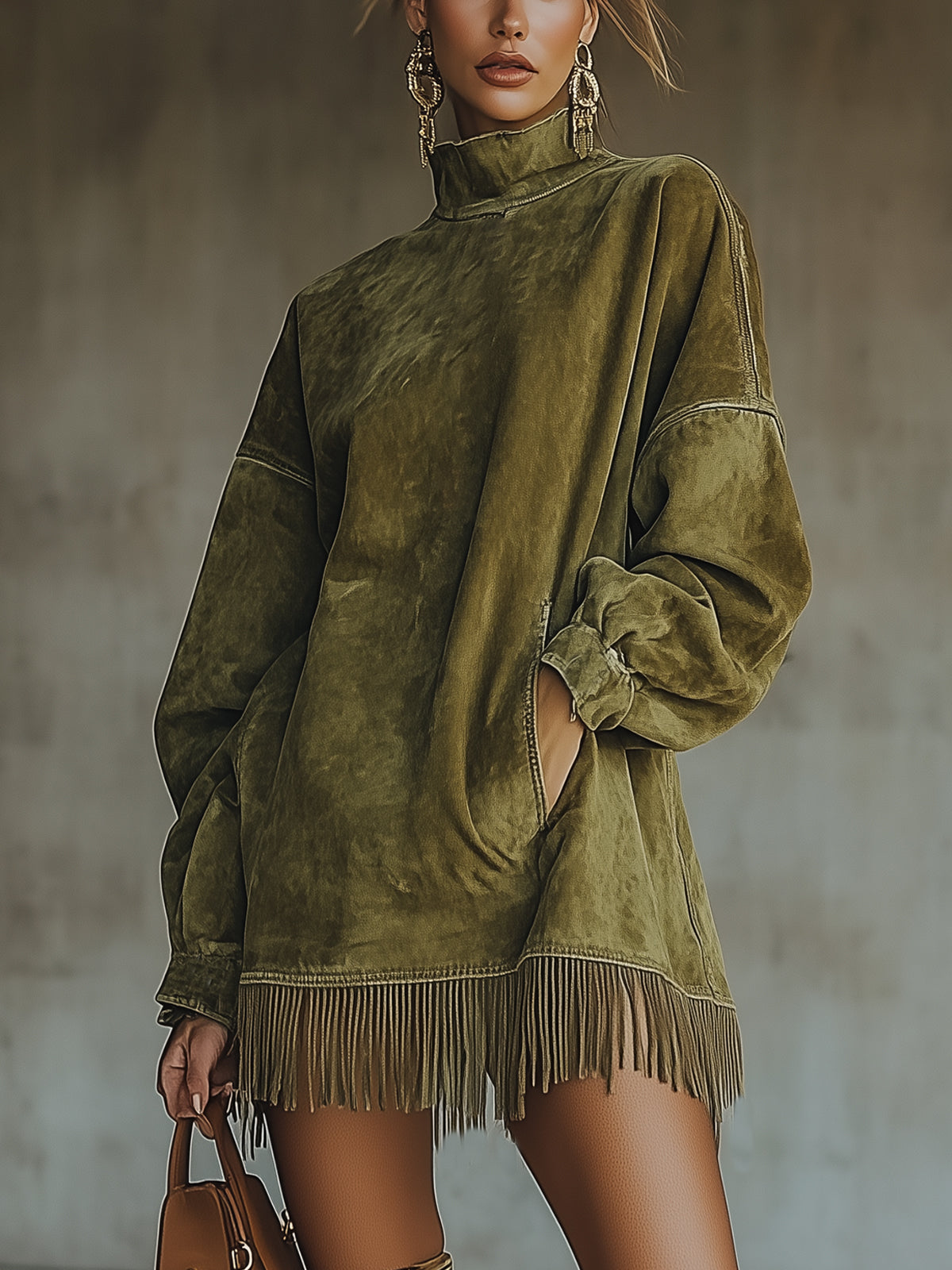 Damen Kleid Nina – Hochkragen, Kunstwildleder, Fransen