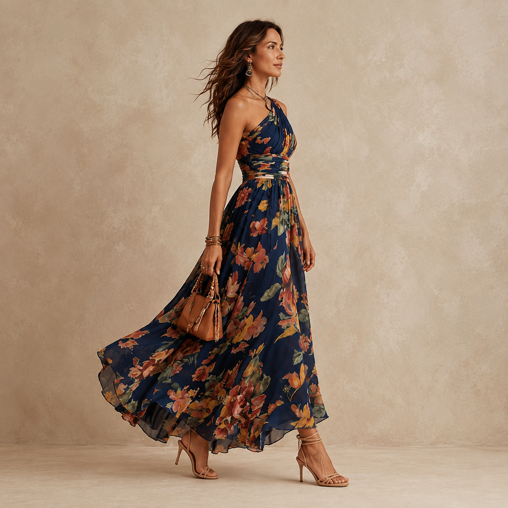 Damen Abendkleid lang Emma – Asymmetrisch, One-Shoulder, Blumenmuster