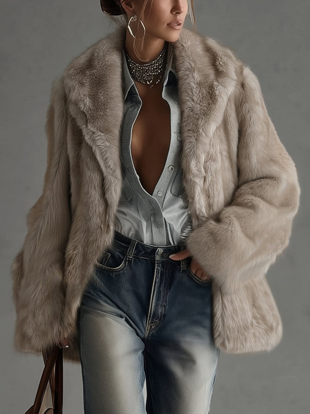 Damen Oversize Mantel Lena – Kunstfell, Taupe, kuschelig