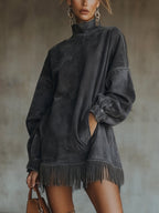 Damen Kleid Nina – Hochkragen, Kunstwildleder, Fransen