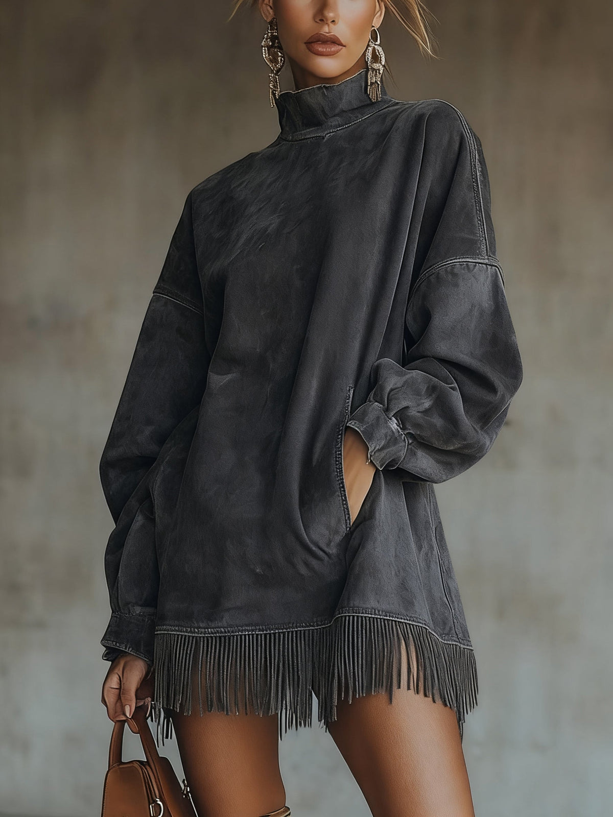 Damen Kleid Nina – Hochkragen, Kunstwildleder, Fransen