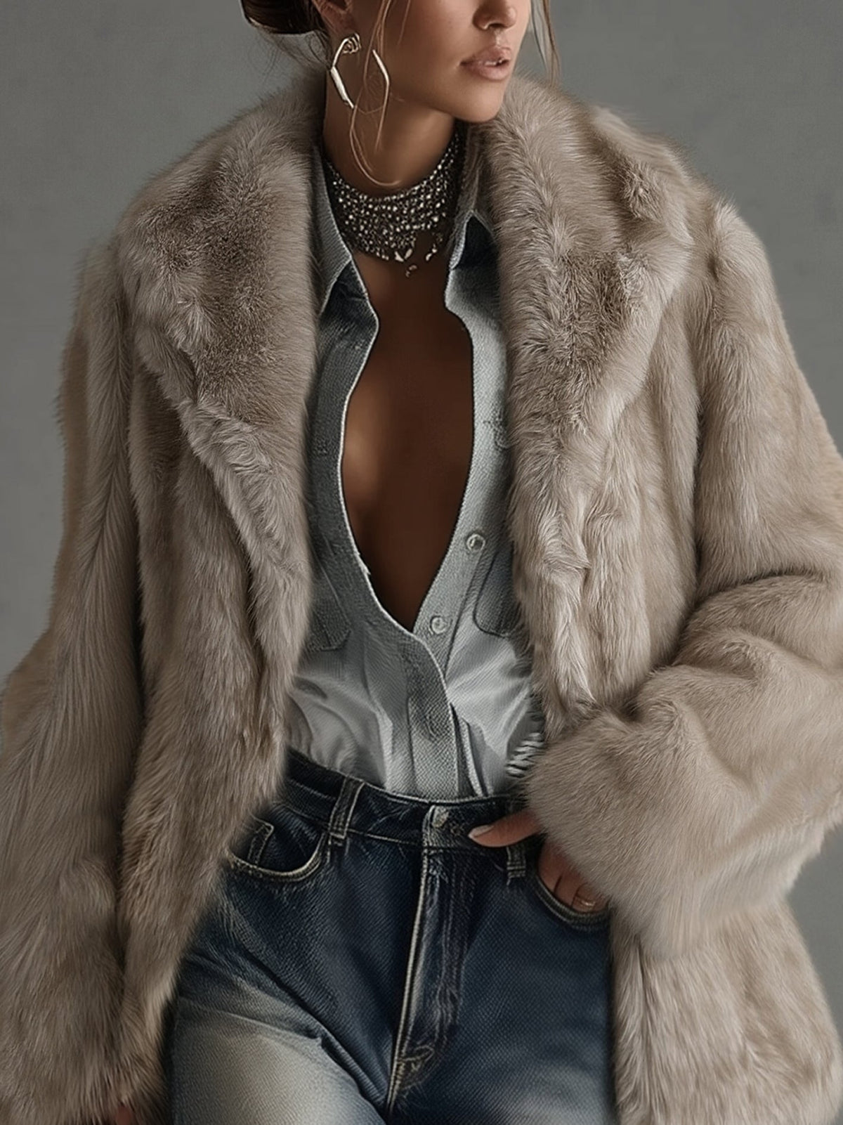 Damen Oversize Mantel Lena – Kunstfell, Taupe, kuschelig