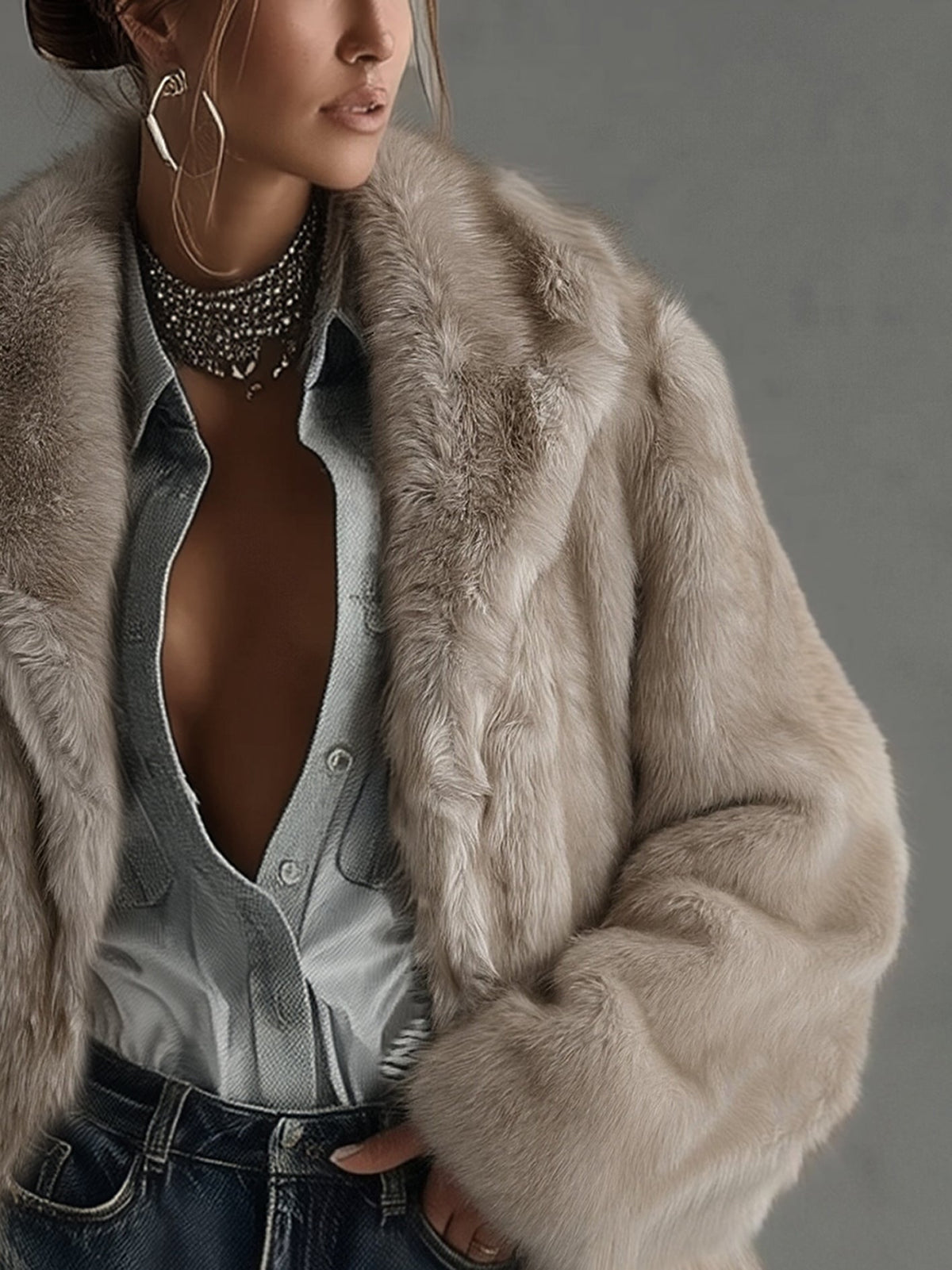 Damen Oversize Mantel Lena – Kunstfell, Taupe, kuschelig