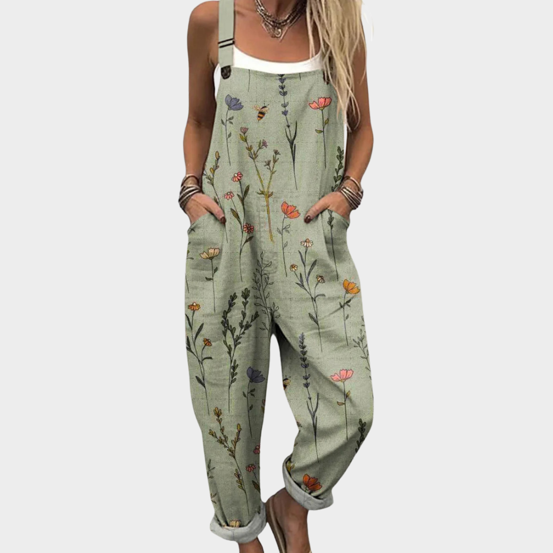 Damen Jumpsuit Elena – Salbeigrün mit Wildblumenmuster