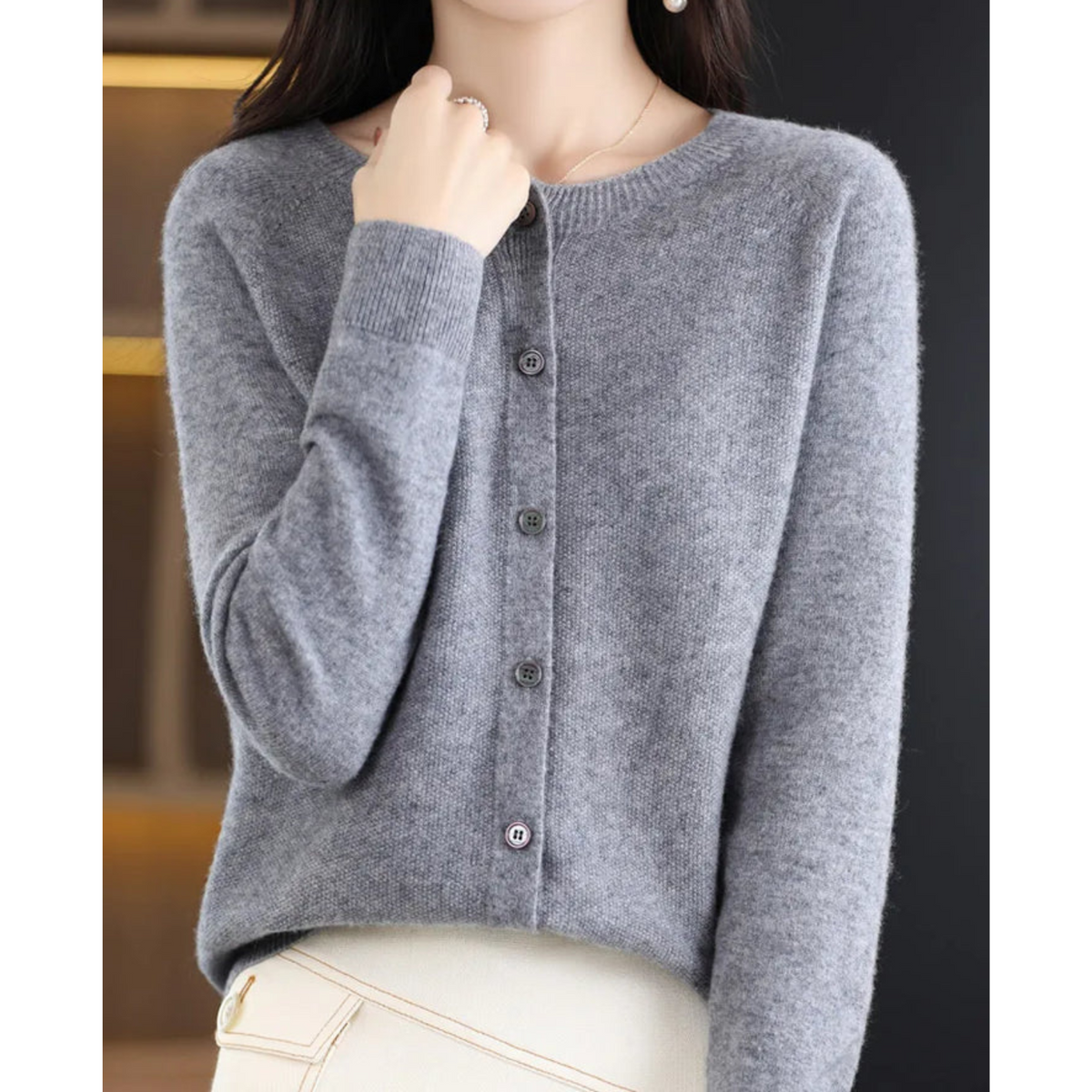 Cárdigan mujer lana merino y cachemira cuello redondo - vista 7