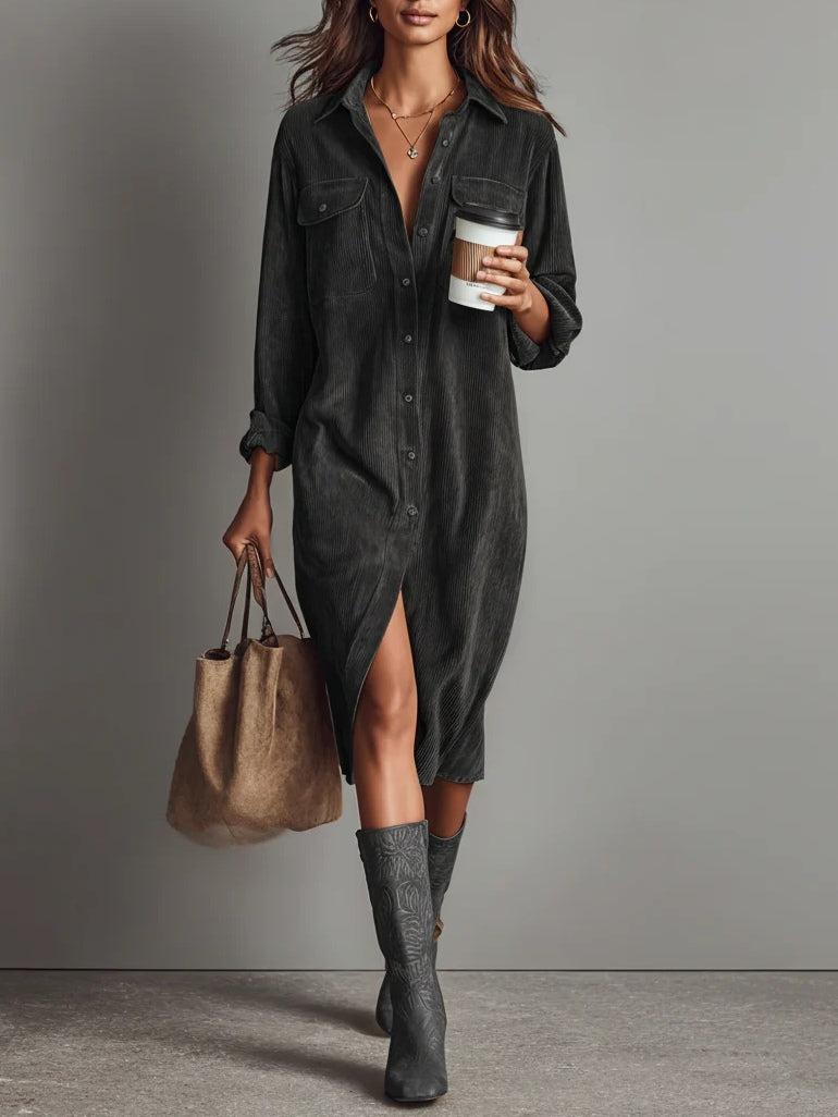 Damen Corduroy-Kleid Midi Sophie – Taschen & Knopfleiste