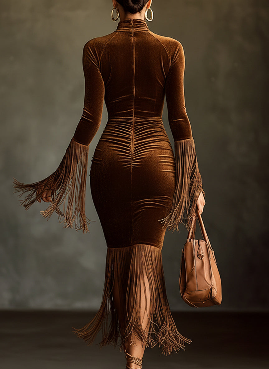 Damen Samtkleid Sofia – Rollkragen mit Fransen