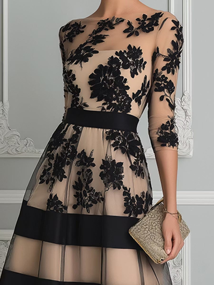 Belle & Julia Vestido Midi de Encaje Acampanado para Mujer Negro
