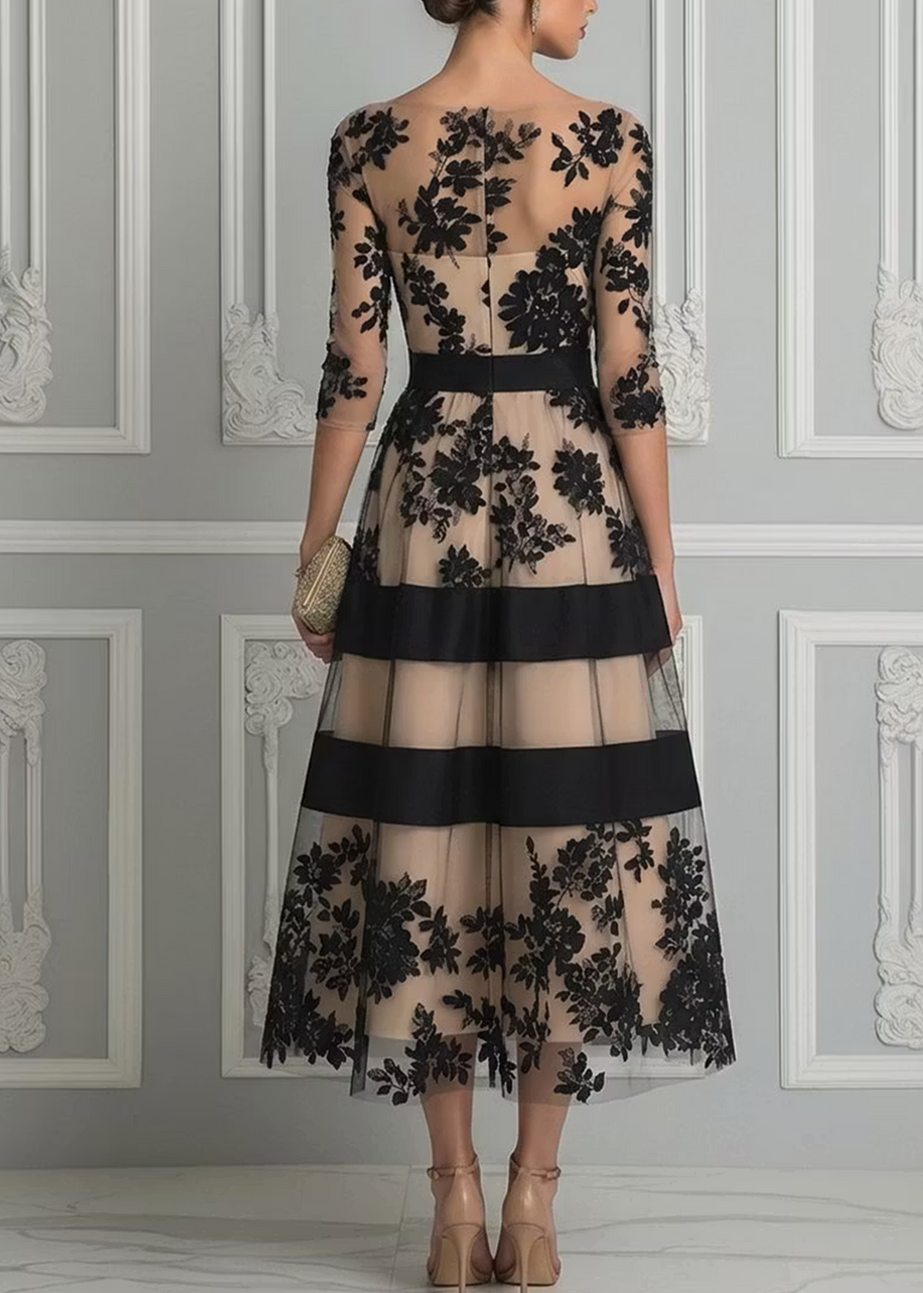 Belle & Julia Vestido Midi de Encaje Acampanado para Mujer Negro