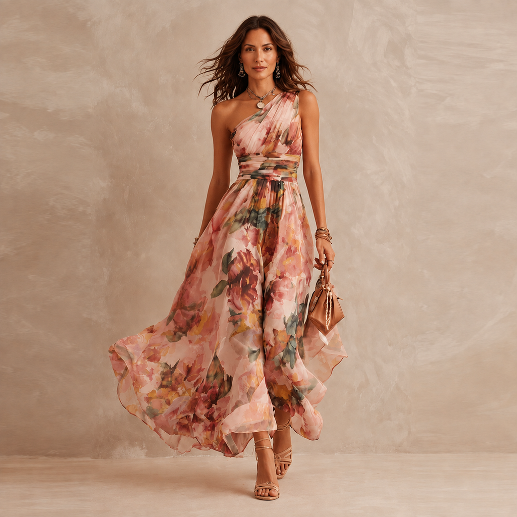 Damen Abendkleid lang Emma – Asymmetrisch, One-Shoulder, Blumenmuster