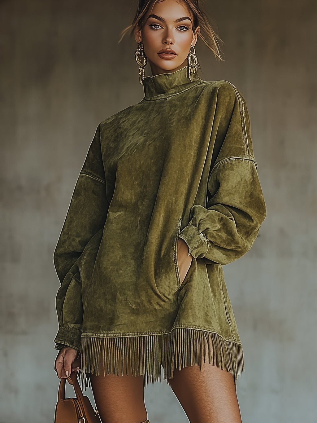 Damen Kleid Nina – Hochkragen, Kunstwildleder, Fransen