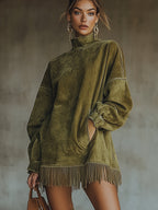 Damen Kleid Nina – Hochkragen, Kunstwildleder, Fransen