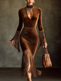 Damen Samtkleid Sofia – Rollkragen mit Fransen