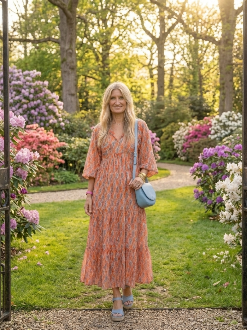 Damen Midi-Kleid Julia – Geometrisches Muster, V-Ausschnitt, elegant