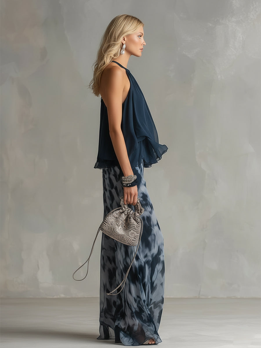 Damen Hochzeitsgastanzug Lena – Volant-Neckholder mit Palazzohose