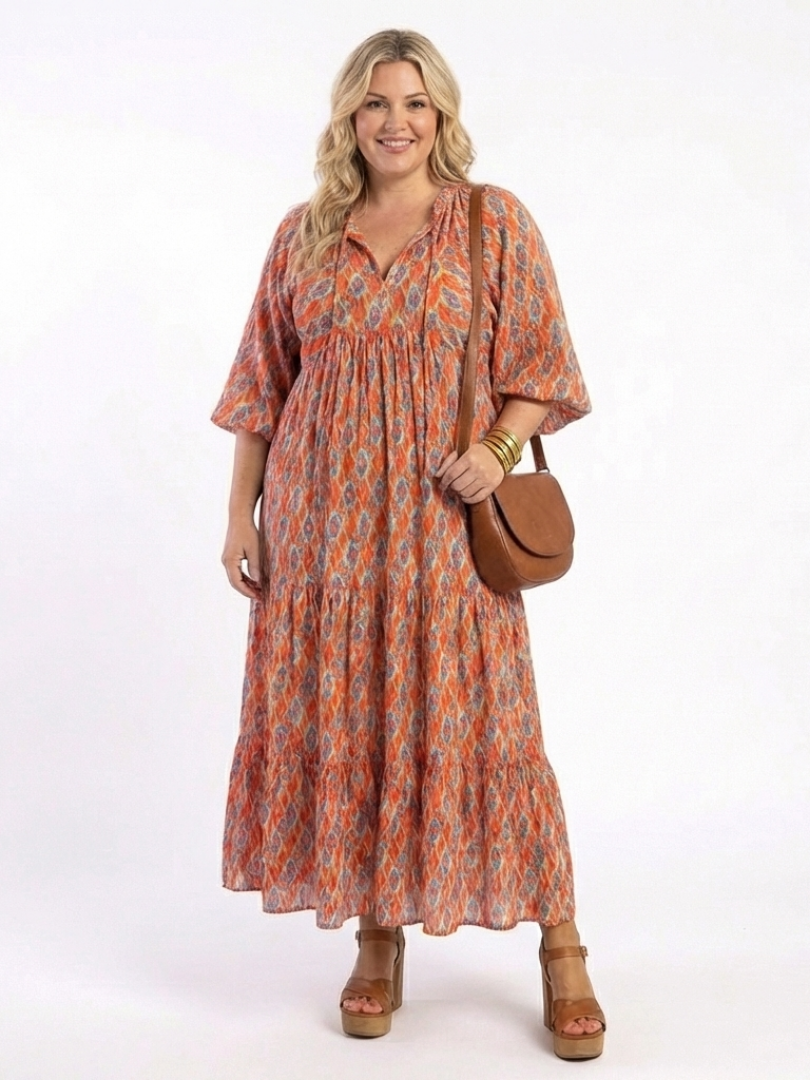 Damen Midi-Kleid Julia – Geometrisches Muster, V-Ausschnitt, elegant