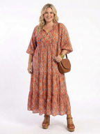 Damen Midi-Kleid Julia – Geometrisches Muster, V-Ausschnitt, elegant