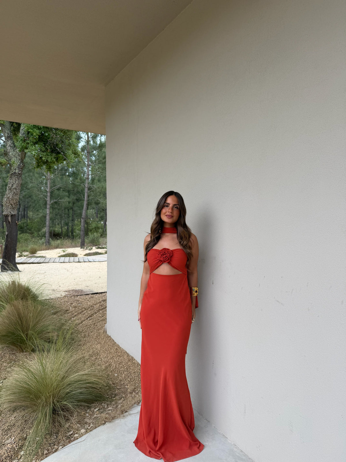 Damen Kleid Lena – Floral, Terracotta, Boho mit Tuch