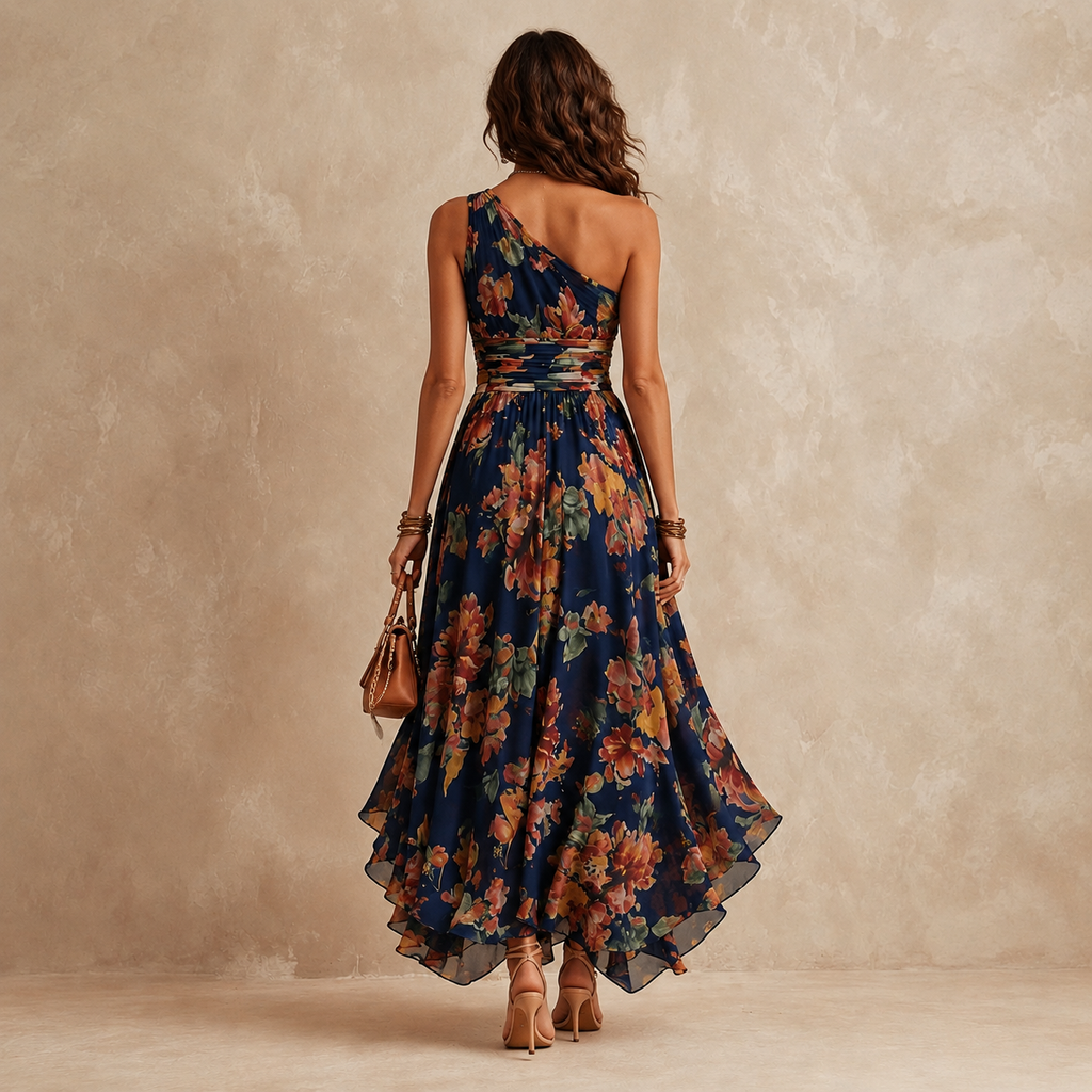 Damen Abendkleid lang Emma – Asymmetrisch, One-Shoulder, Blumenmuster