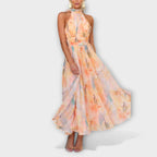 Damen Maxikleid Sophia – Aquarell-Druck, Trägerkragen elegant