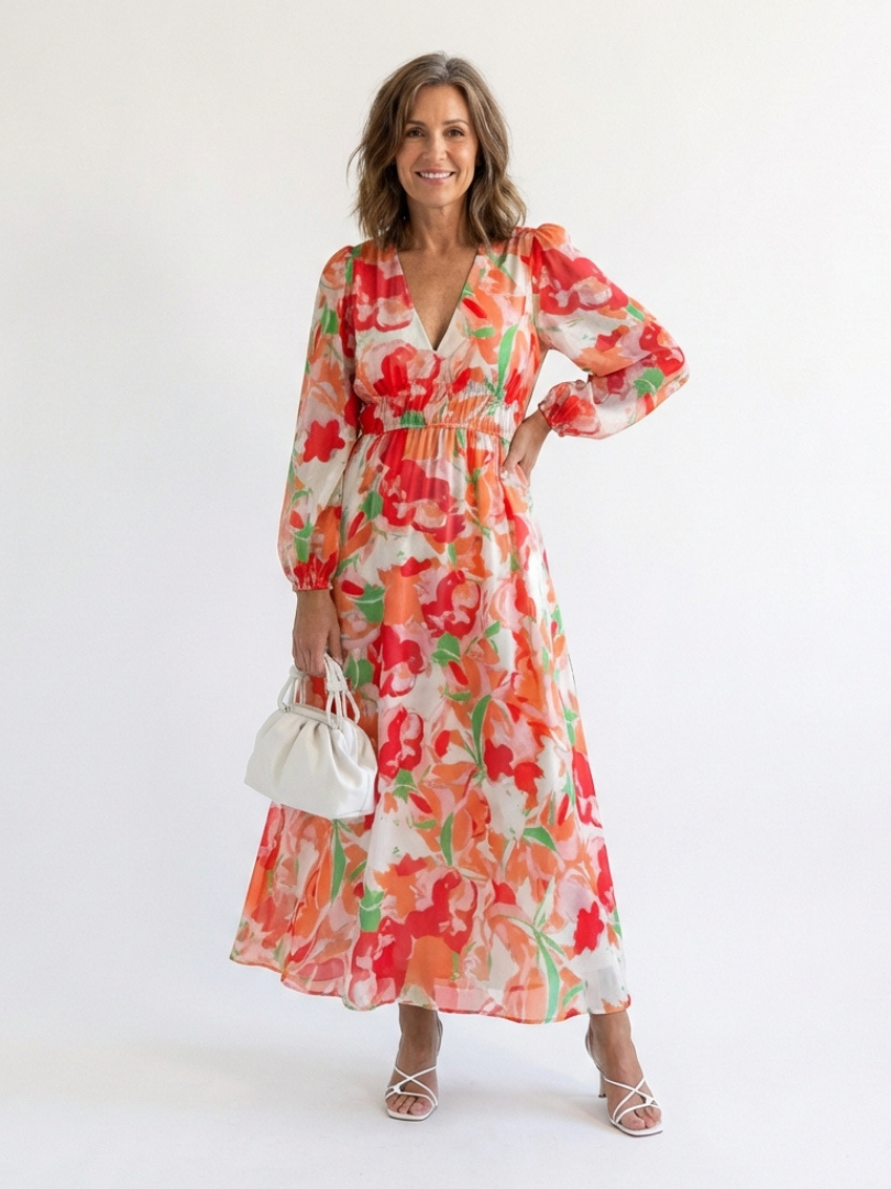 Damen Maxikleid Olivia – Florales Muster, lange Ärmel, romantisch