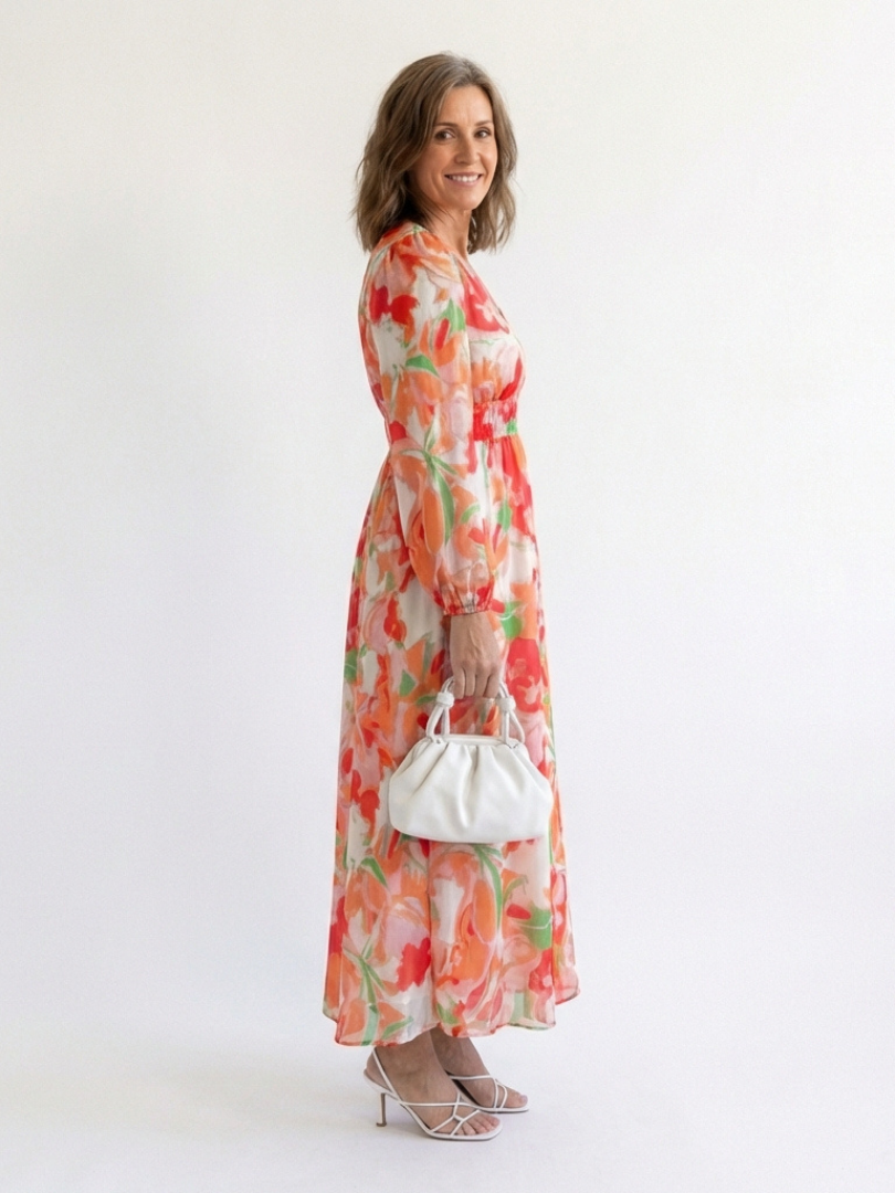 Damen Maxikleid Olivia – Florales Muster, lange Ärmel, romantisch