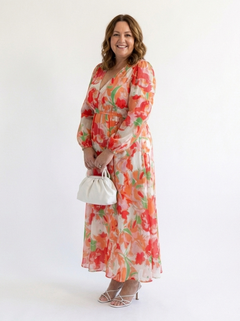 Damen Maxikleid Olivia – Florales Muster, lange Ärmel, romantisch