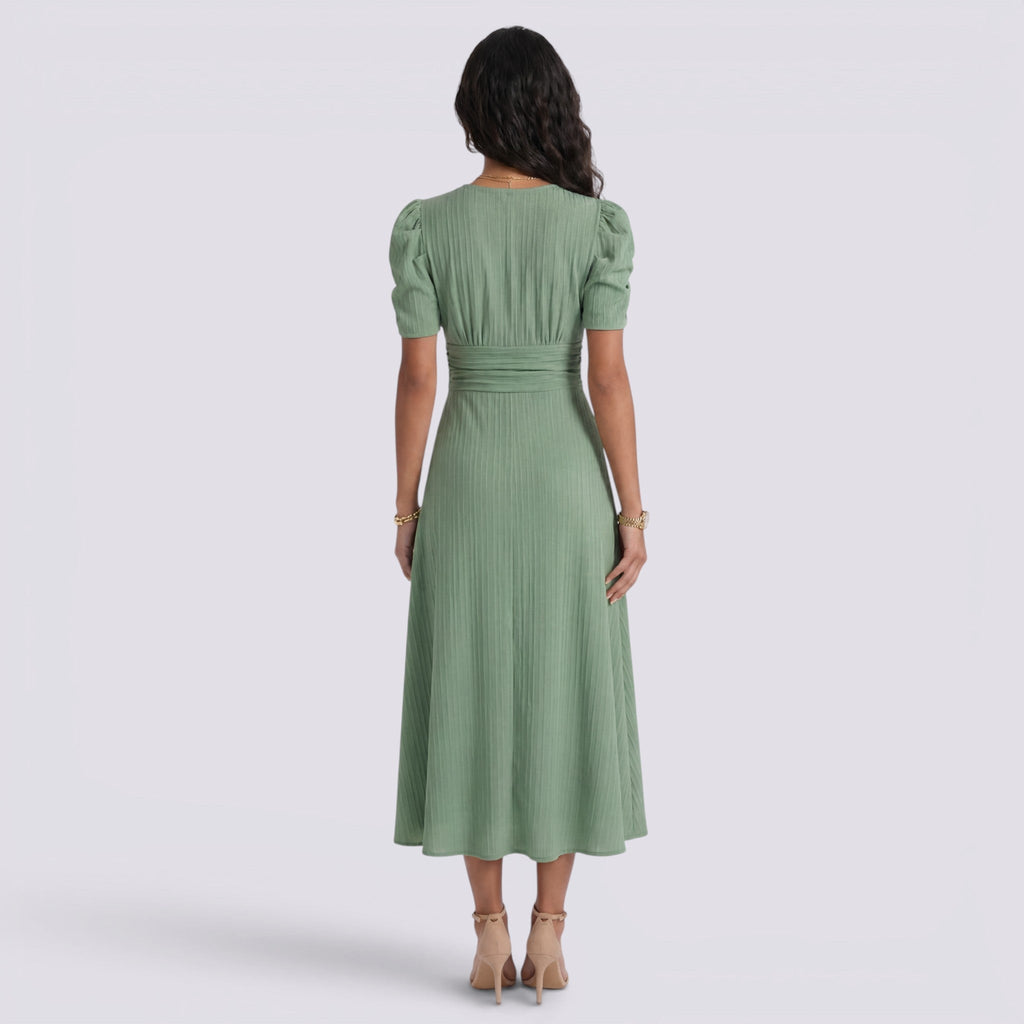 Damen Midi-Kleid Emma – V-Ausschnitt, Hochbund, Raffung