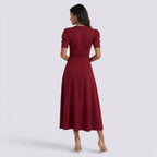 Damen Midi-Kleid Emma – V-Ausschnitt, Hochbund, Raffung