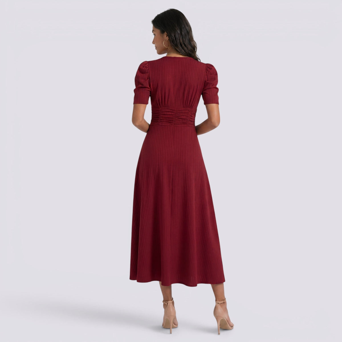 Damen Midi-Kleid Emma – V-Ausschnitt, Hochbund, Raffung
