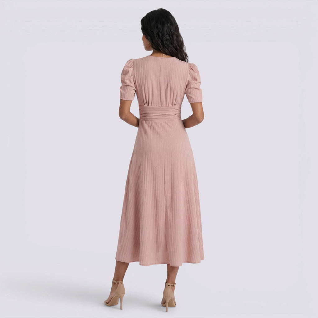 Damen Midi-Kleid Emma – V-Ausschnitt, Hochbund, Raffung