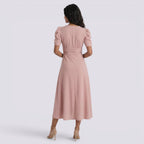 Damen Midi-Kleid Emma – V-Ausschnitt, Hochbund, Raffung