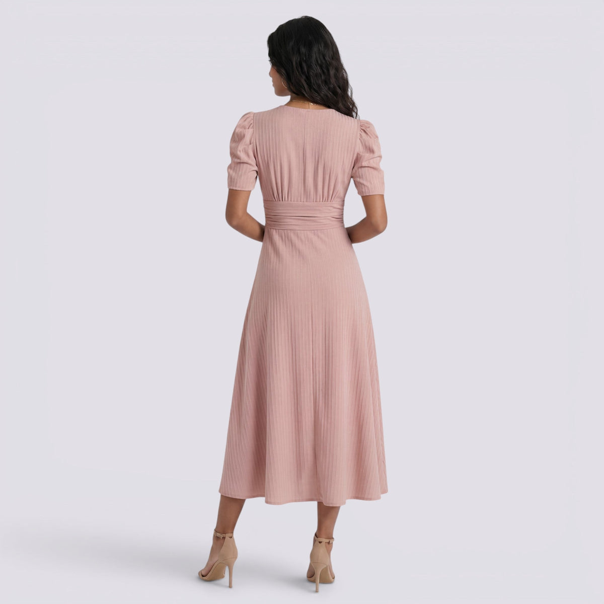 Damen Midi-Kleid Emma – V-Ausschnitt, Hochbund, Raffung