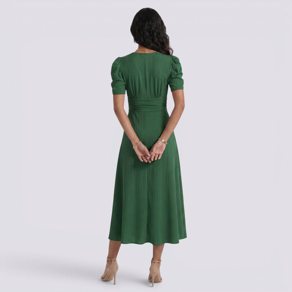 Damen Midi-Kleid Emma – V-Ausschnitt, Hochbund, Raffung