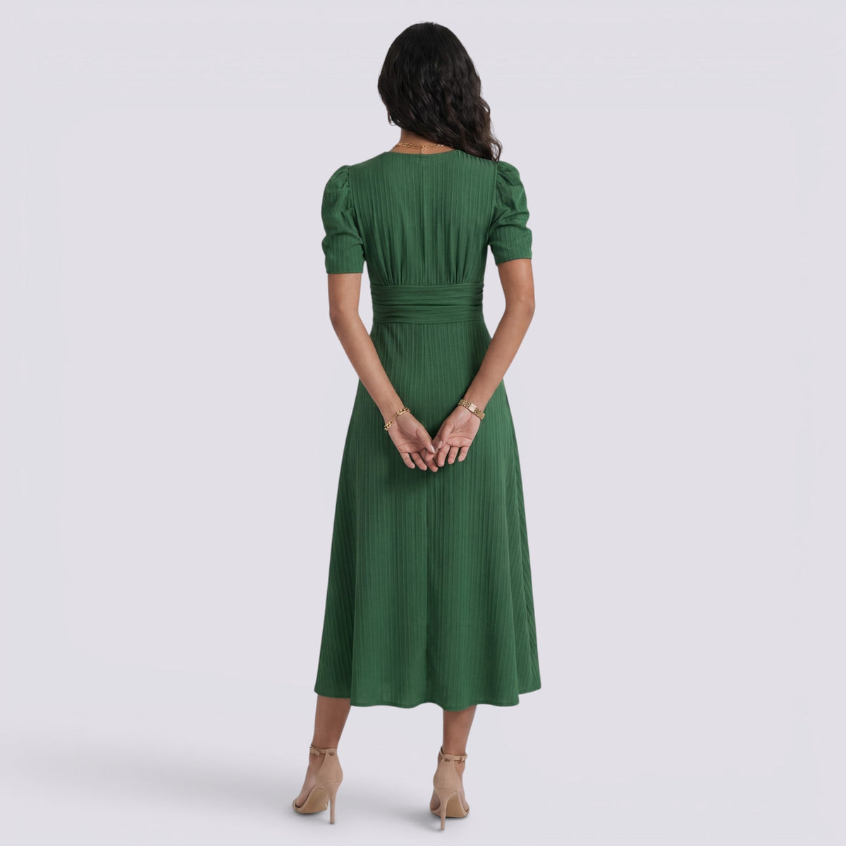 Damen Midi-Kleid Emma – V-Ausschnitt, Hochbund, Raffung