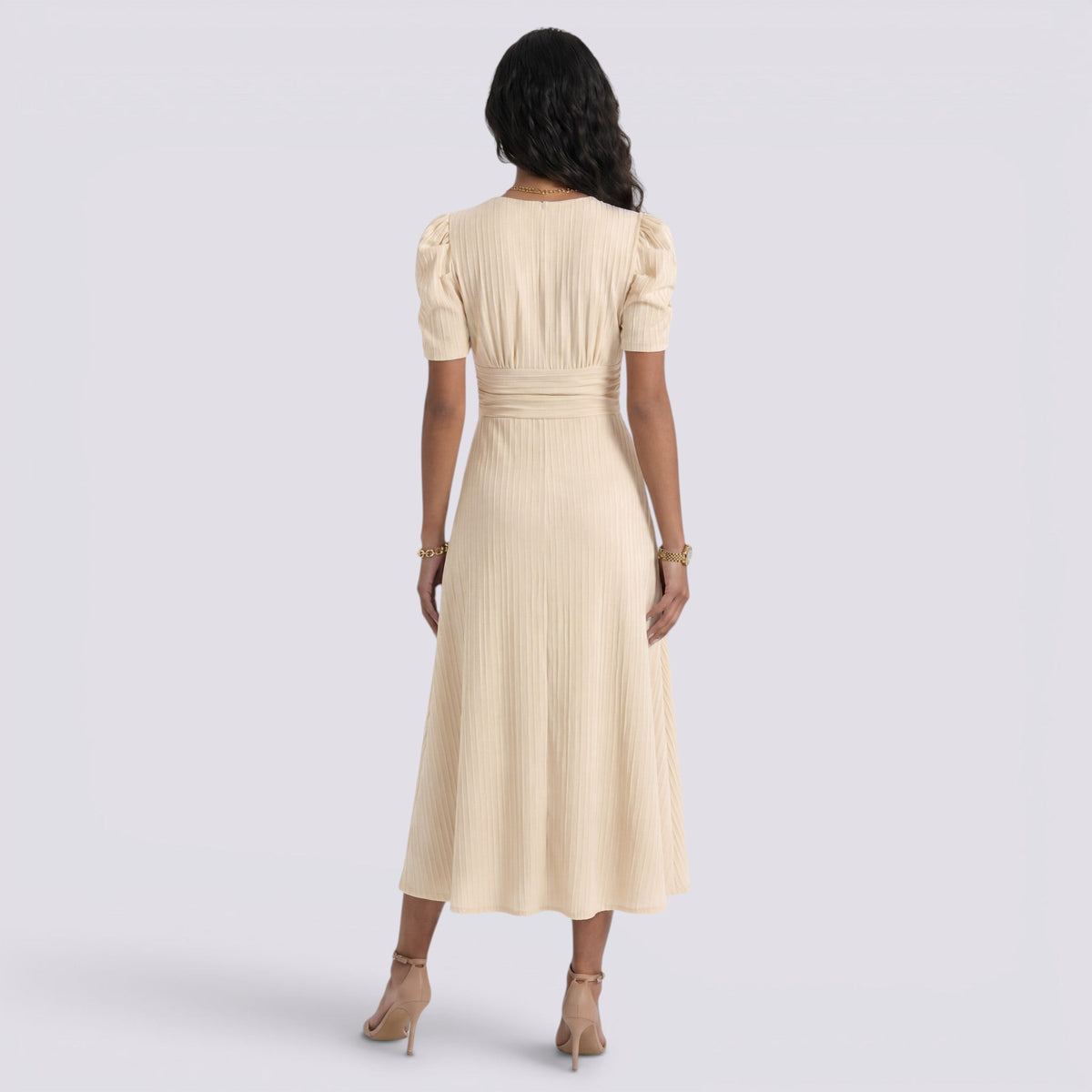 Damen Midi-Kleid Emma – V-Ausschnitt, Hochbund, Raffung