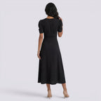 Damen Midi-Kleid Emma – V-Ausschnitt, Hochbund, Raffung