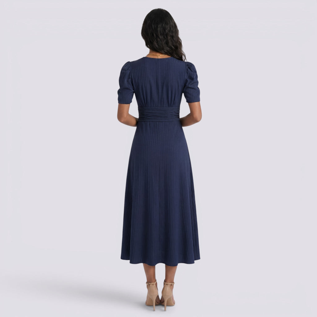 Damen Midi-Kleid Emma – V-Ausschnitt, Hochbund, Raffung