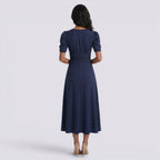 Damen Midi-Kleid Emma – V-Ausschnitt, Hochbund, Raffung