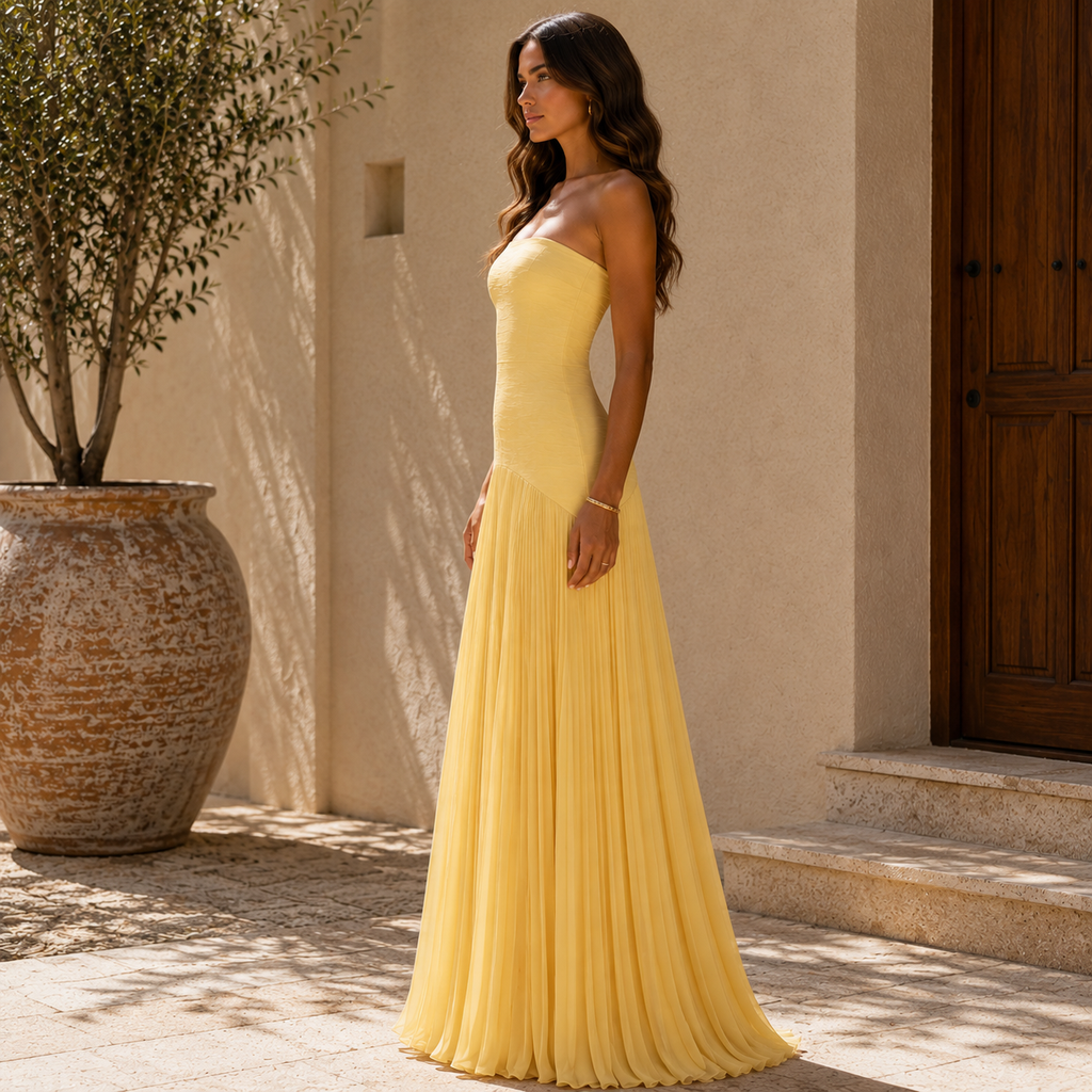 Damen Kleid Emma – Bardot mit Plisseerock elegant