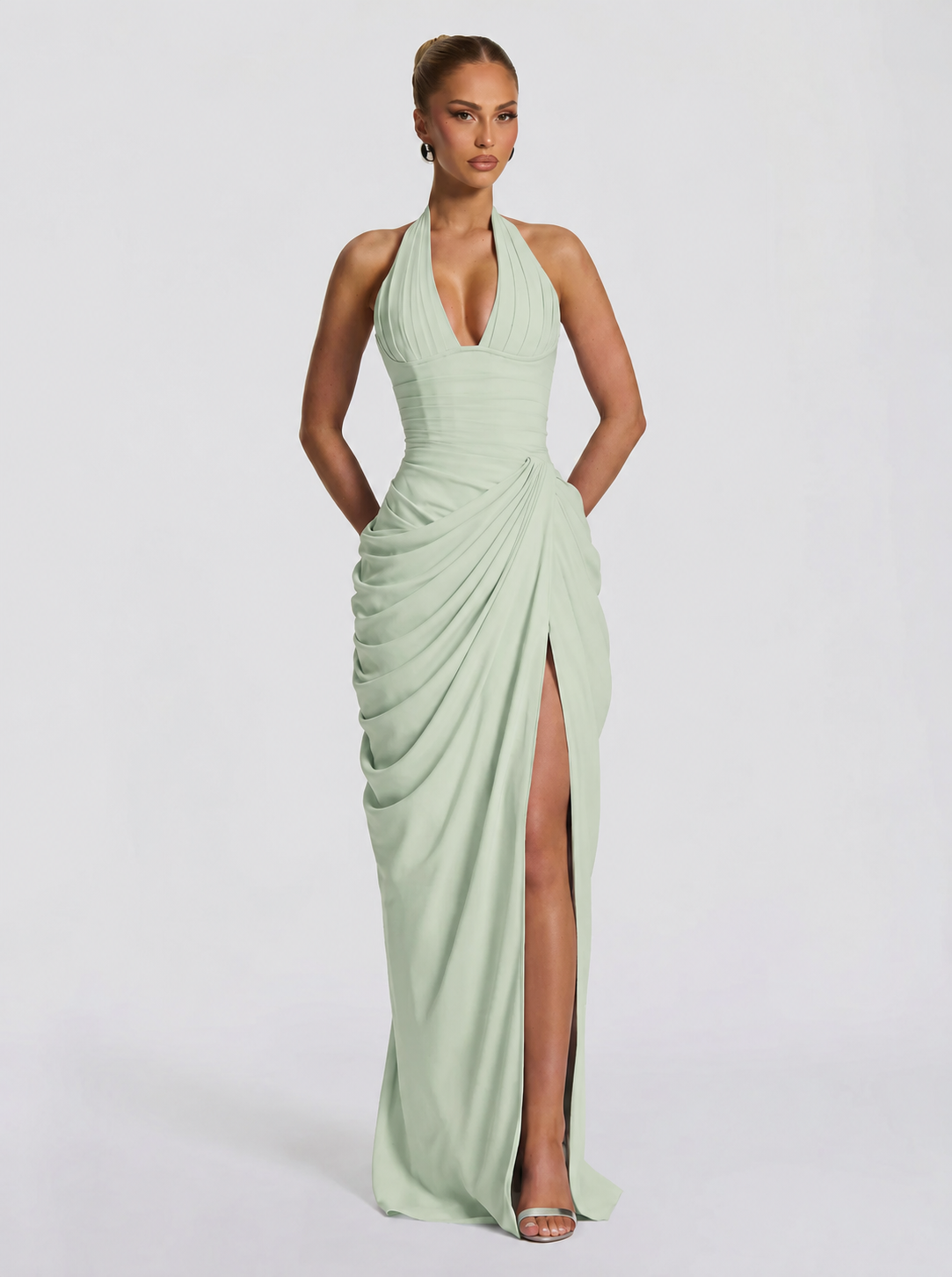 Damen Abendkleid Emma – Neckholder, Seitenschlitz, fließend