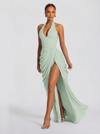 Damen Abendkleid Emma – Neckholder, Seitenschlitz, fließend