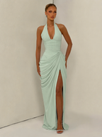 Damen Abendkleid Emma – Neckholder, Seitenschlitz, fließend