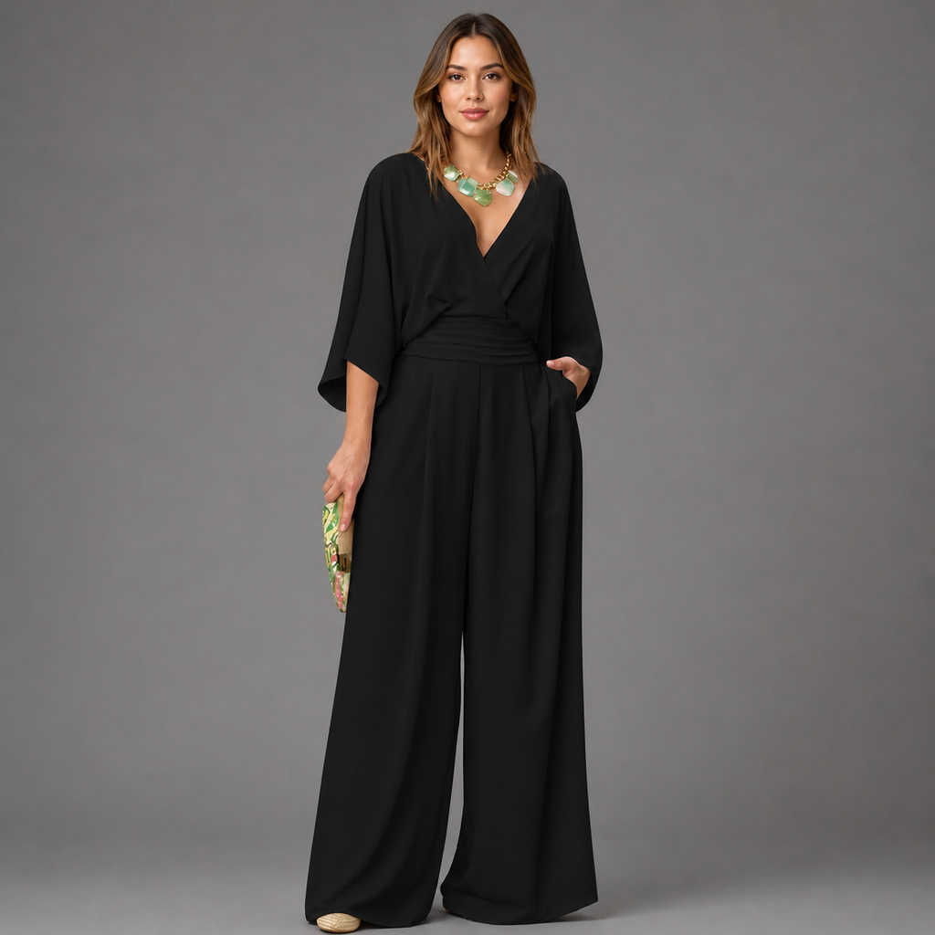 Damen Jumpsuit Milena – Sommerlook, V-Ausschnitt, Weithose